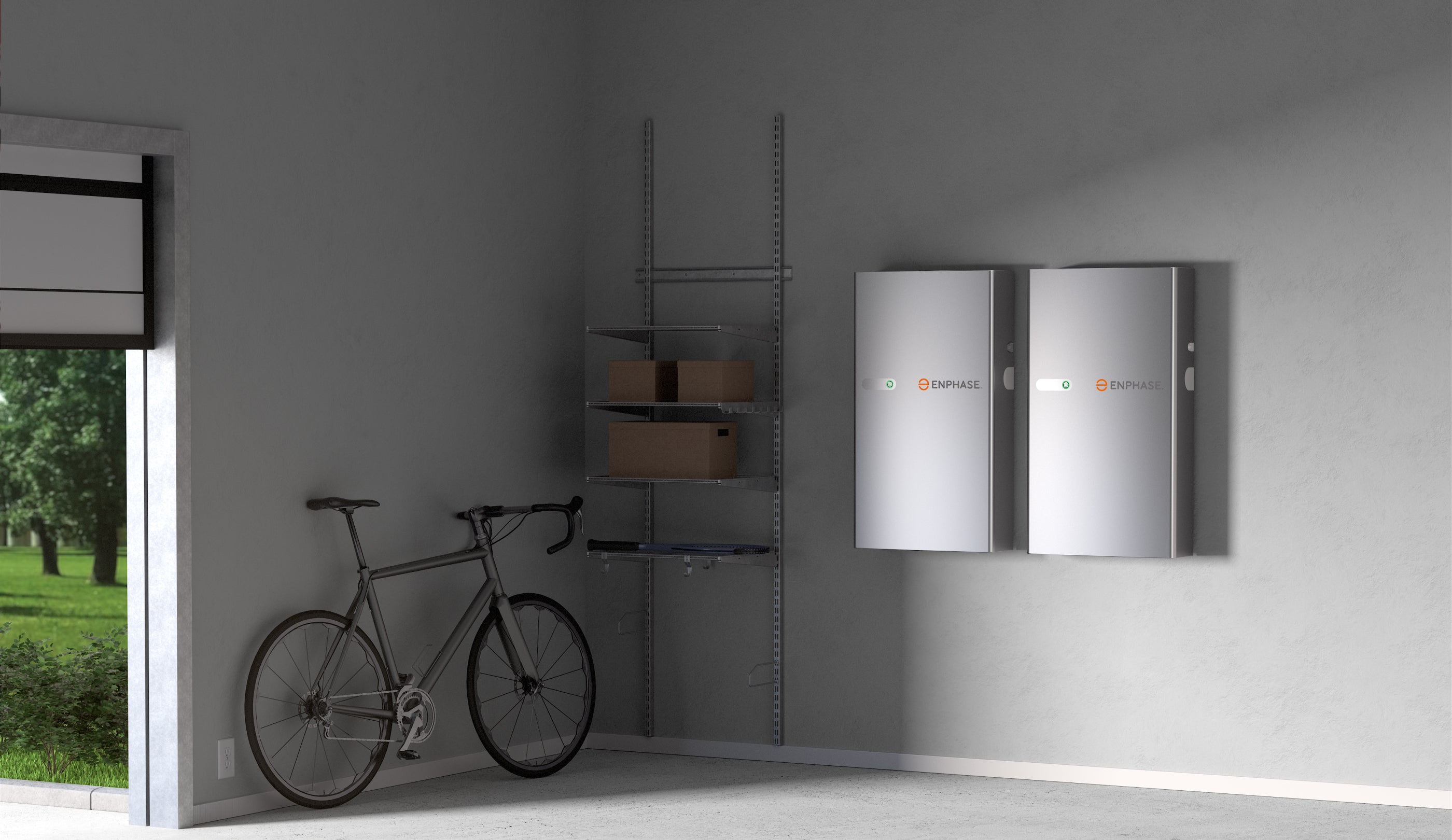 Wall-mounted battery storage units installed in a garage.